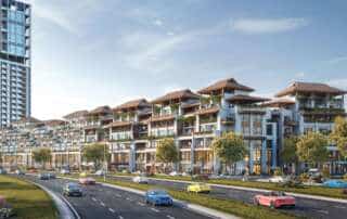 Phân khu The Cosmo kề bên đường lớn, gồm hai loại hình townhouse và shop villa.
