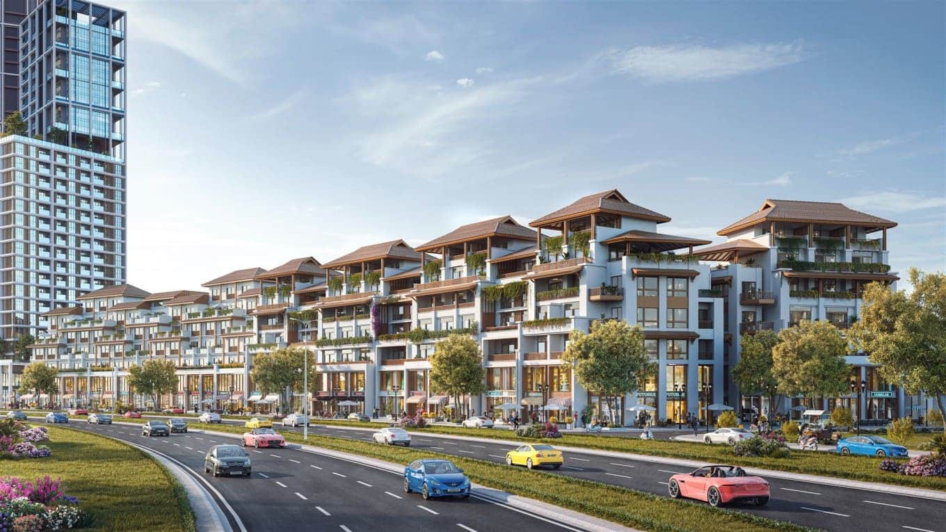 Phân khu The Cosmo kề bên đường lớn, gồm hai loại hình townhouse và shop villa.