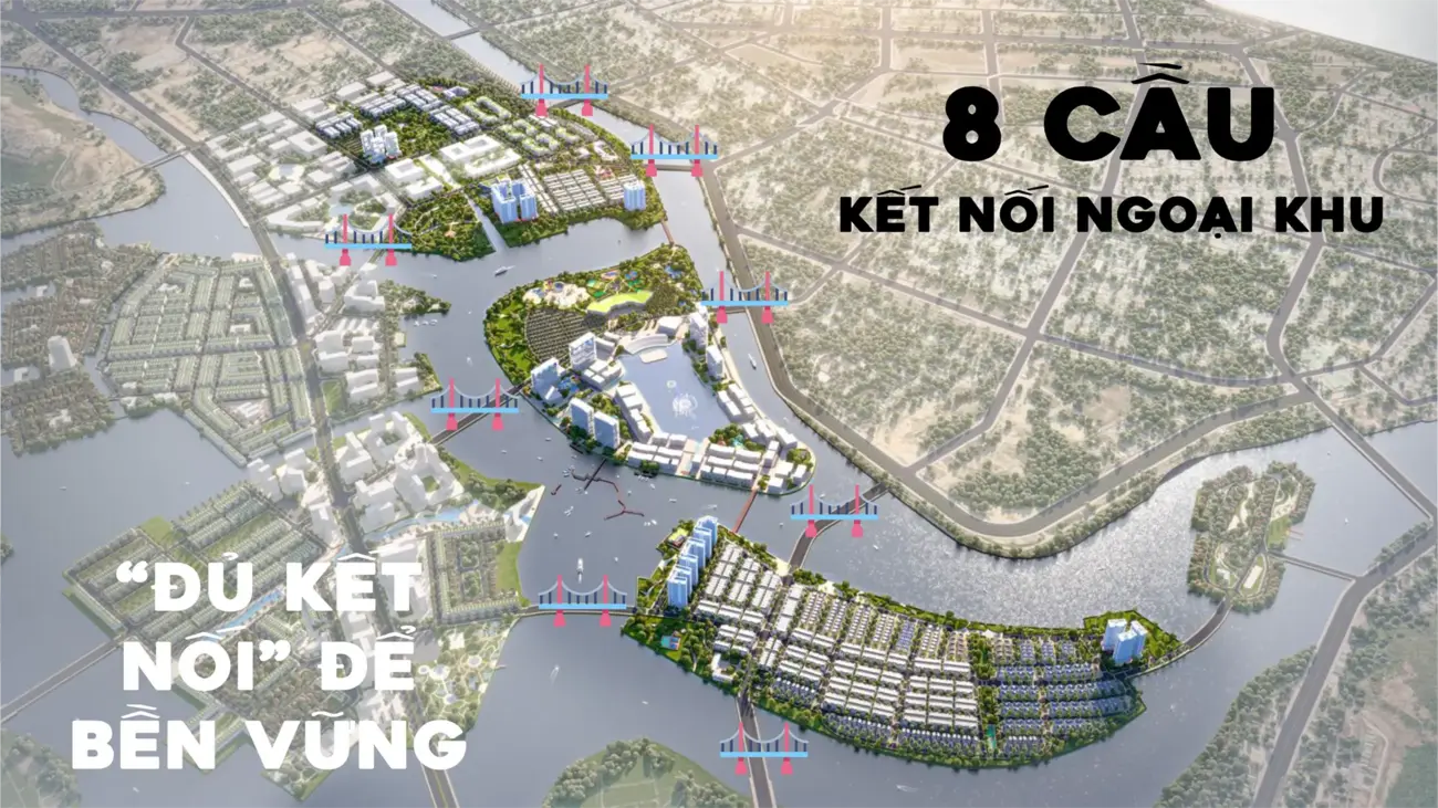 8 cây cầu mới kết nối ngoại khu, đảm bảo sự kết nối bền vững của khu đô thị.