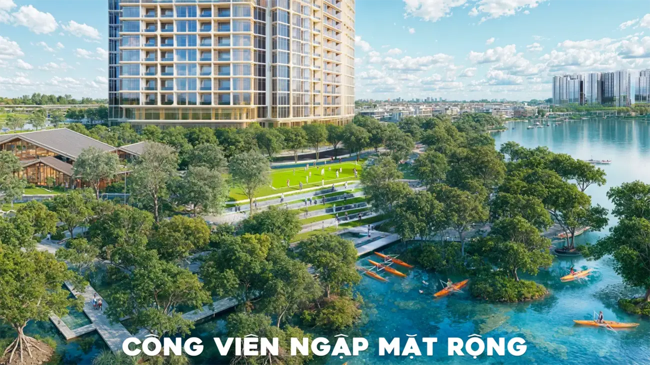 Khu đô thị hiện đại với công viên xanh mát và mặt nước trong lành.