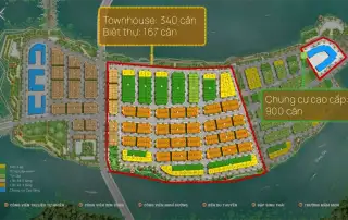 Mặt bằng tổng thể dự án với nhà phố, biệt thự và căn hộ cao cấp bên bờ sông.